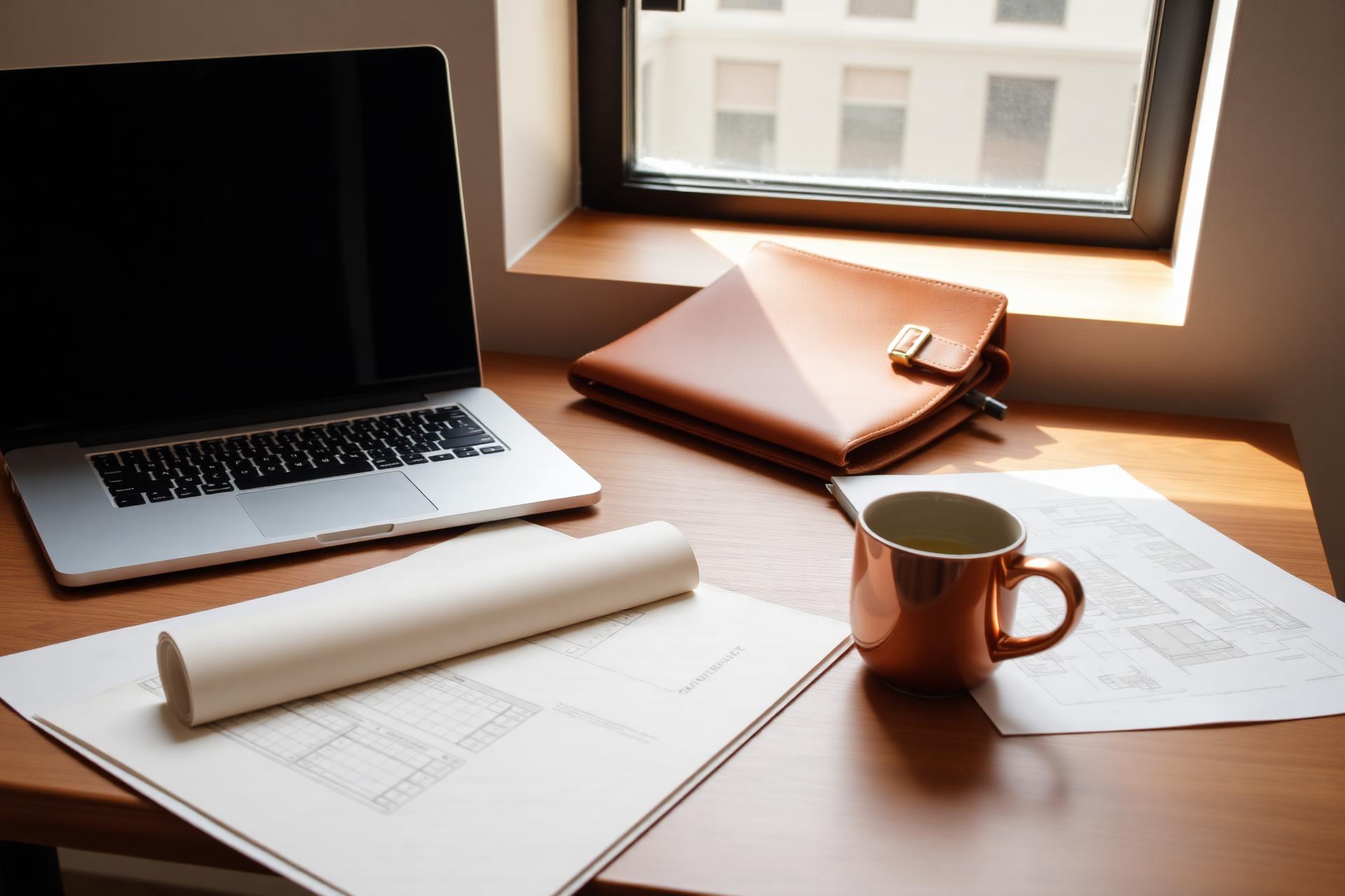 Modern minimalist workspace with laptop and leather portfolio