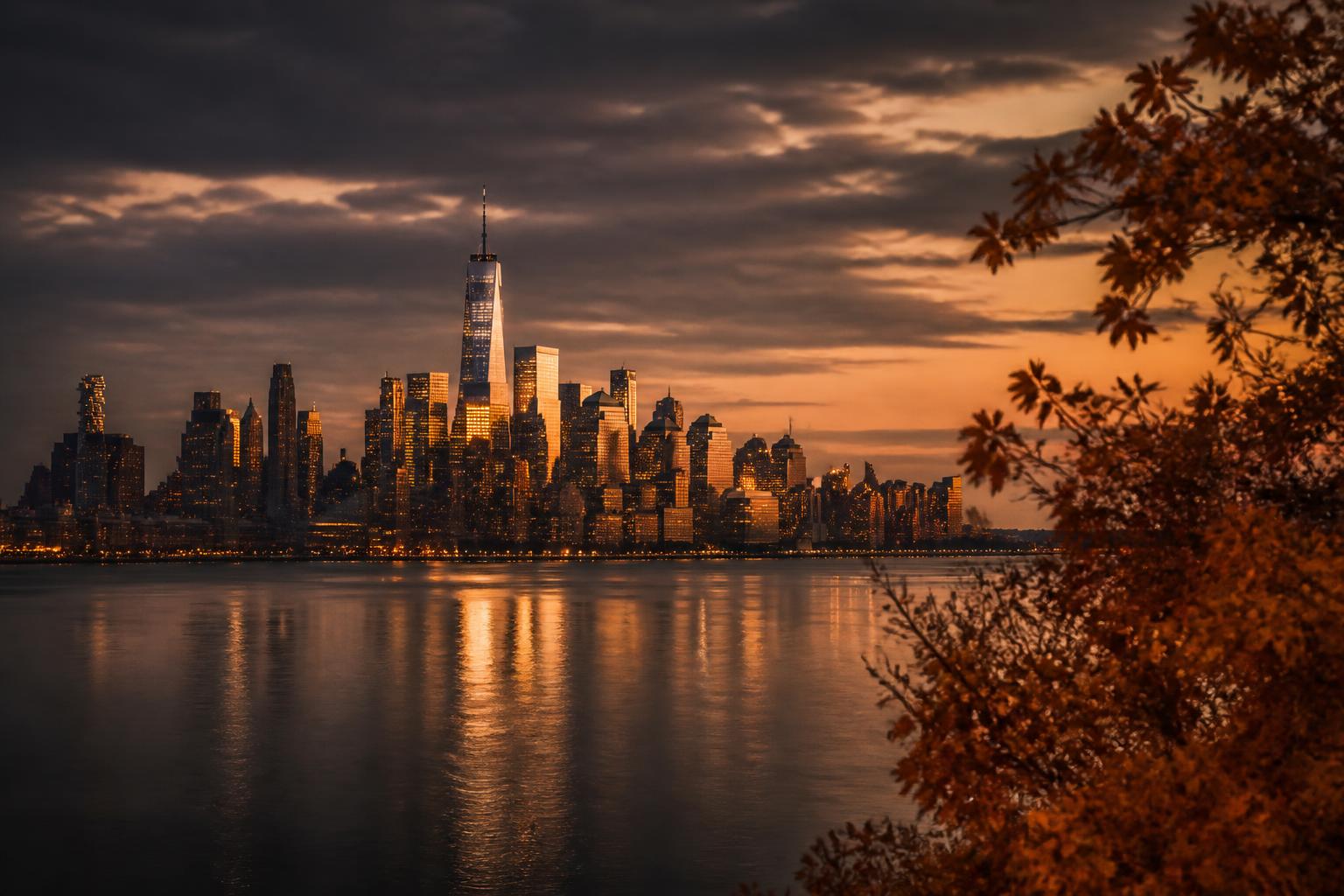 Manhattan skyline at twilight viewed from across the Hudson