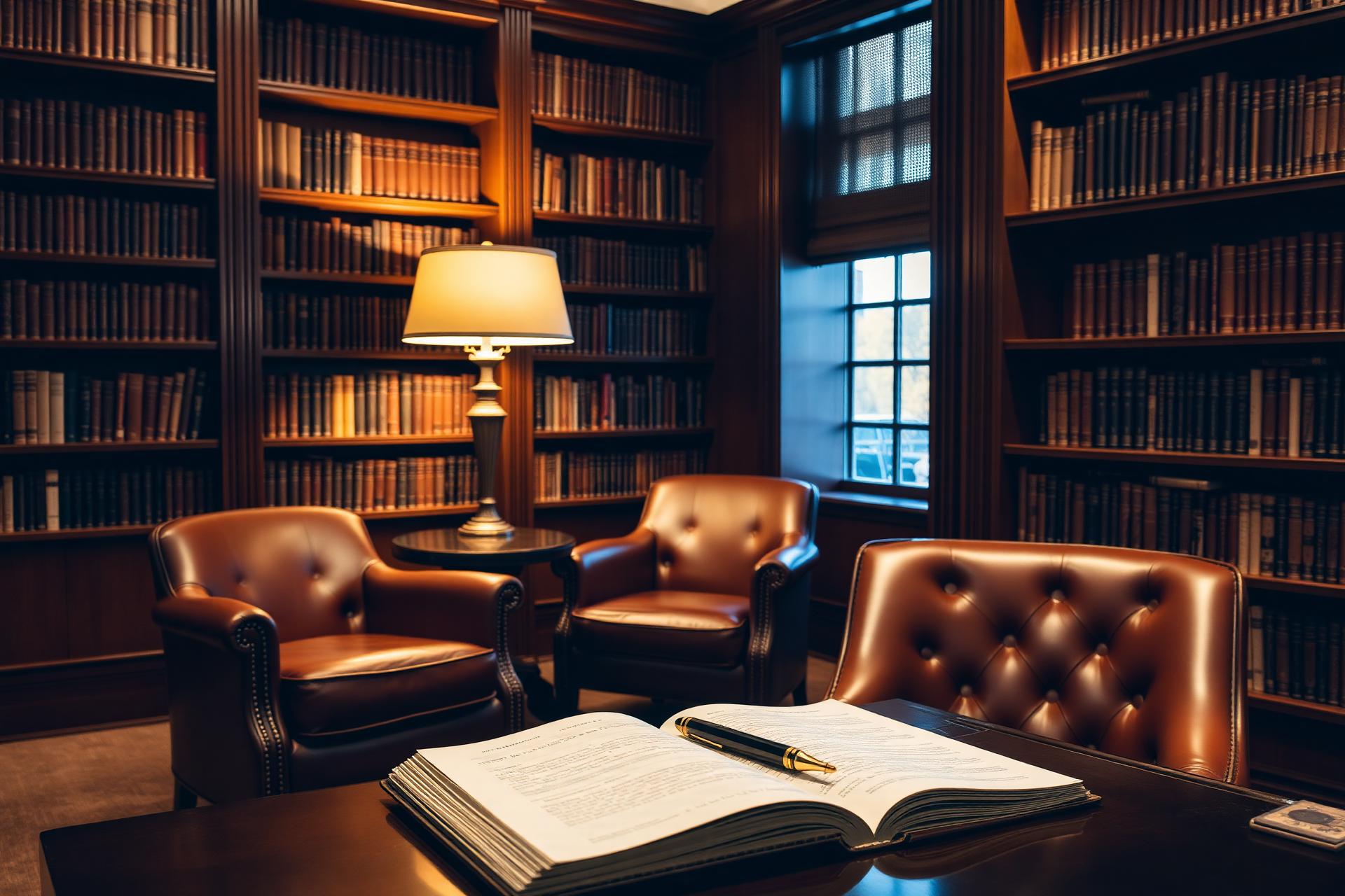 Warm private library with leather chairs and ledger