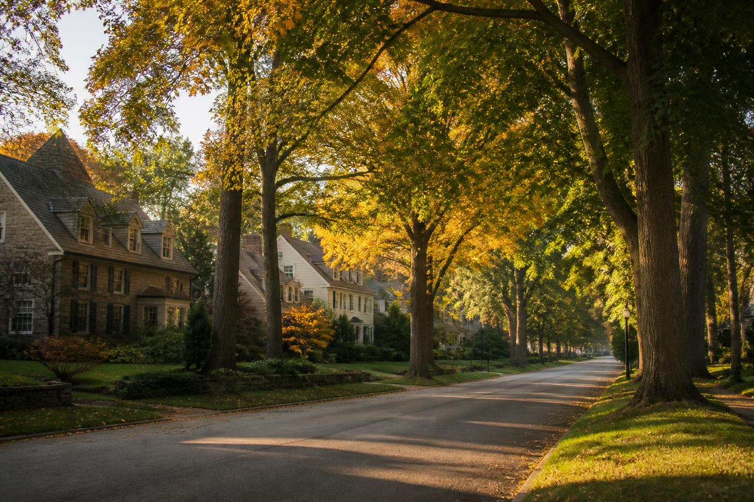 Tree-lined residential street in a Westchester County village in early autumn